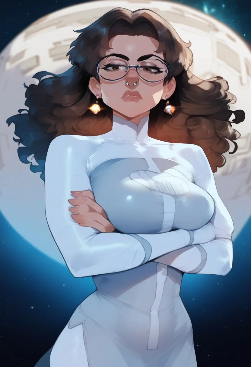 score_9,score_8_up,score_7_up,score_6_up,score_5_up,score_4_up,
score_9, score_8_up, score_7_up
, masterpiece, beautiful,
p_m, 1girl, brown eyes, brown hair, wavy hair, glasses, earrings, nose piercing,long hair
,big breast,
white bodysuit,pelvic curtain,
looking at viewer,crossed arms,floating,
space,
<lora:anissaxl-IV12v62:1>,