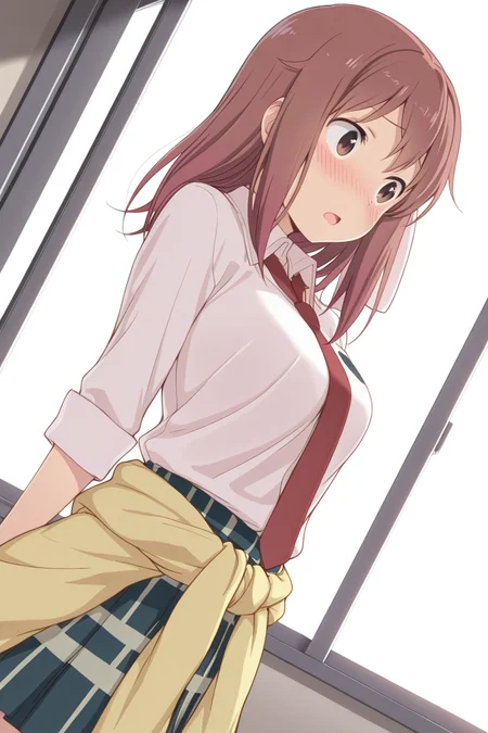 masterpiece, best quality, amazing quality,
 <lora:Haruka_IL:1> haruka, 1girl, solo, school uniform, necktie, clothes around waist, open mouth, brown hair, window, skirt, dutch angle, brown eyes, hair ribbon, blush, ribbon, shirt