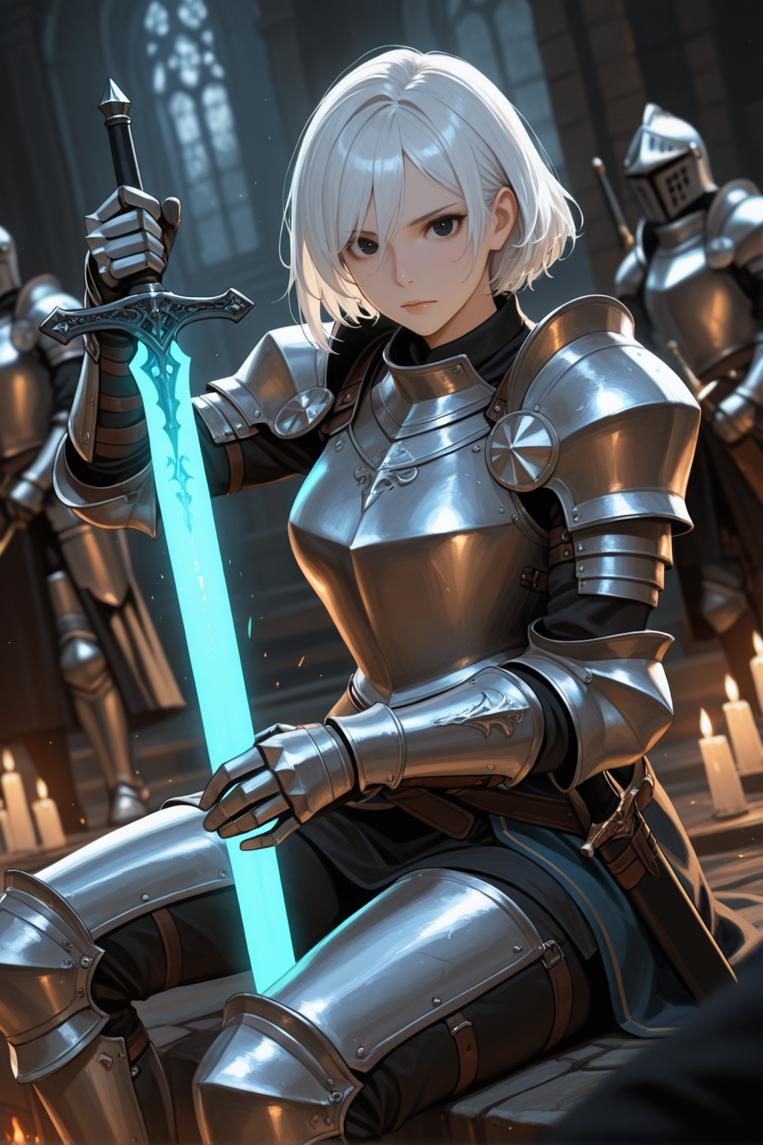 armor, 1girl, sword, weapon, holding sword, holding, holding weapon, gauntlets, white hair, breastplate, knight, helmet, sitting, shoulder armor, full armor, short hair, , black eyes, lips, pauldrons, closed mouth, looking at viewer, solo focus,  dark epic, glowing sword
masterwork, masterpiece, best quality,  detailed, depth of field, , high detail, best quality, very aesthetic, 8k, dynamic pose, depth of field, dynamic angle, adult,  aged up