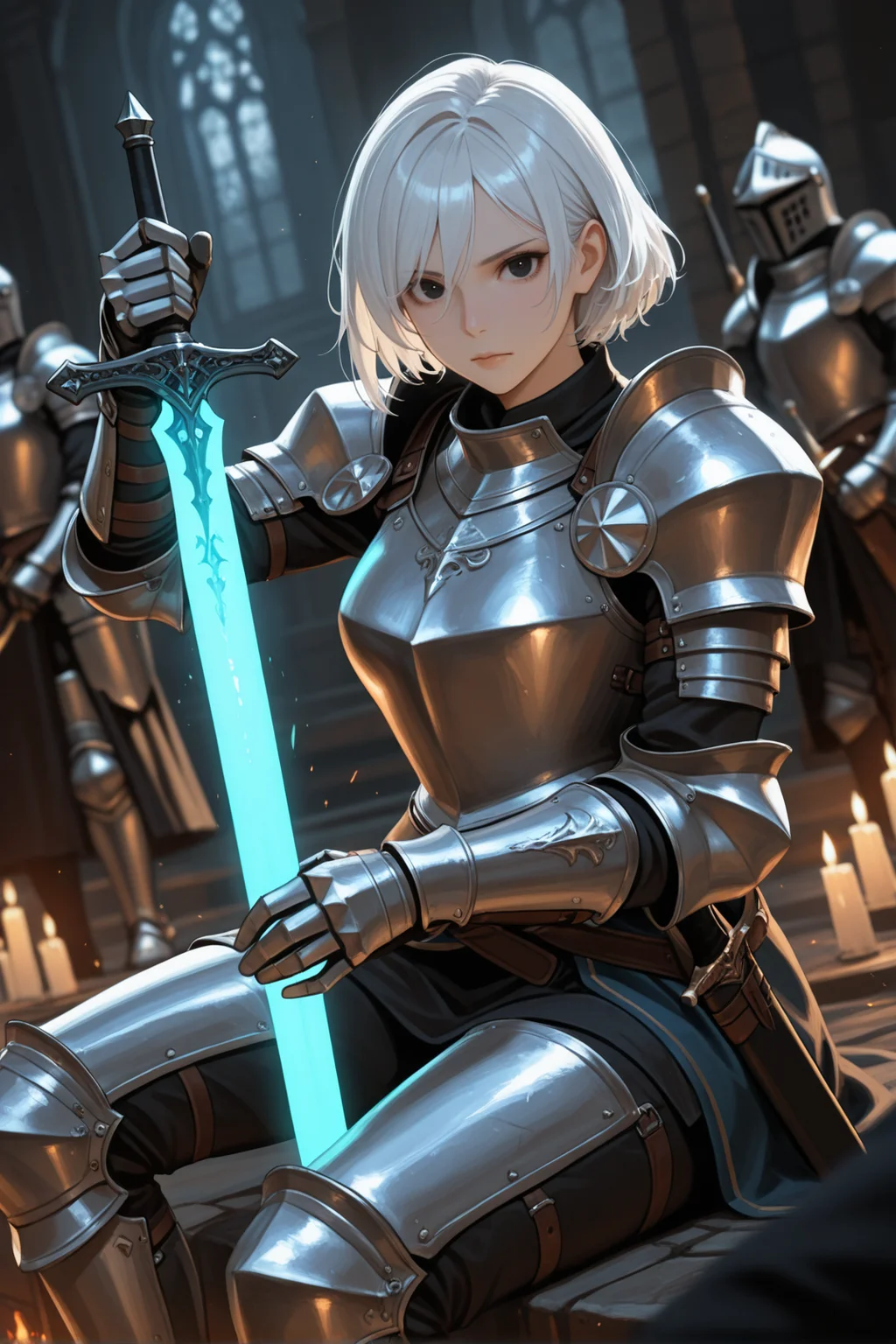 armor, 1girl, sword, weapon, holding sword, holding, holding weapon, gauntlets, white hair, breastplate, knight, helmet, sitting, shoulder armor, full armor, short hair, , black eyes, lips, pauldrons, closed mouth, looking at viewer, solo focus, dark epic, glowing sword
masterwork, masterpiece, best quality, detailed, depth of field, , high detail, best quality, very aesthetic, 8k, dynamic pose, depth of field, dynamic angle, adult, aged up