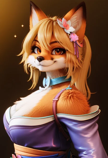 score_9, score_8_up, score_7_up, score_6_up, score_5_up, score_4_up, solo, rating_safe,
1girl (akai hime, heterochromia, red left eye, blue right eye, female, fox, wild assault, pink paw pads, yellow hair, flower on hair, anthro, anthro fox, open eyes, closed mouth, smug grin, looking at viewer), masterpiece, insane quality, dark background with sparkles, MegaFluffyPony, furry, fluffy
