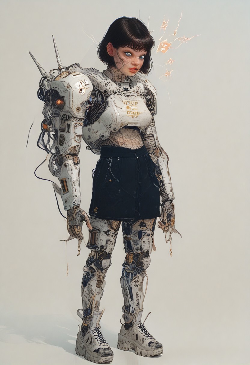 score_9,score_8_up,score_7_up,score_6_up,score_5_up,score_4_up, full body, tomie kawakami, standing in lost city, solo,female focus,looking at the spectator,(Heart-shaped face, dark blue eyes, plump lips, short bob-cut dark brown hair, 5'6", 125 lbs, medium breasts, narrow waist, slender figure, a star tattoo on the ankle, pale skin, angular jawline, and slightly upturned nose.:1.3),(A gold lace bra paired with a black puffy mini skirt, and finished with bold gold high heels on a platform, featuring exquisite lace designs and a skirt made of rich velvet fabric, providing a luxurious and captivating look.:1.3),(plain contrasting background:1.3),(full-length:1.5),hands,Perfect hand,Perfect feet,Perfect eyes,cyb0rg,science fiction,cable,mechanical parts,<lora:feet v3:1>,<lora:hand 4:1>,<lora:PerfectEyesXL:1>,zPDXL2,zPDXLpg,<lora:cyb0rgXLP:0.8>,<lora:add-detail-xl:1>,<lora:DP-Pony:1>,p33rs,<lora:incase-ilff-v3-4:0.2>,