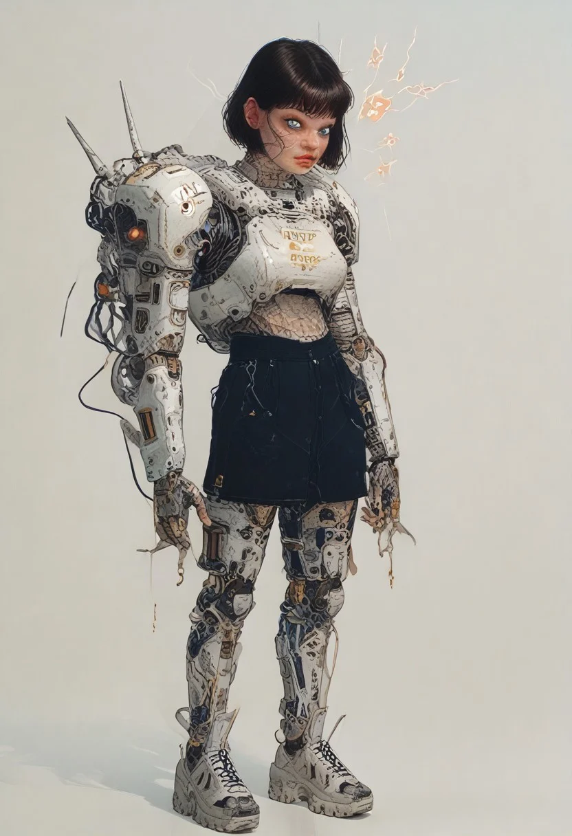 score_9,score_8_up,score_7_up,score_6_up,score_5_up,score_4_up, full body, tomie kawakami, standing in lost city, solo,female focus,looking at the spectator,(Heart-shaped face, dark blue eyes, plump lips, short bob-cut dark brown hair, 5'6", 125 lbs, medium breasts, narrow waist, slender figure, a star tattoo on the ankle, pale skin, angular jawline, and slightly upturned nose.:1.3),(A gold lace bra paired with a black puffy mini skirt, and finished with bold gold high heels on a platform, featuring exquisite lace designs and a skirt made of rich velvet fabric, providing a luxurious and captivating look.:1.3),(plain contrasting background:1.3),(full-length:1.5),hands,Perfect hand,Perfect feet,Perfect eyes,cyb0rg,science fiction,cable,mechanical parts,<lora:feet v3:1>,<lora:hand 4:1>,<lora:PerfectEyesXL:1>,zPDXL2,zPDXLpg,<lora:cyb0rgXLP:0.8>,<lora:add-detail-xl:1>,<lora:DP-Pony:1>,p33rs,<lora:incase-ilff-v3-4:0.2>,