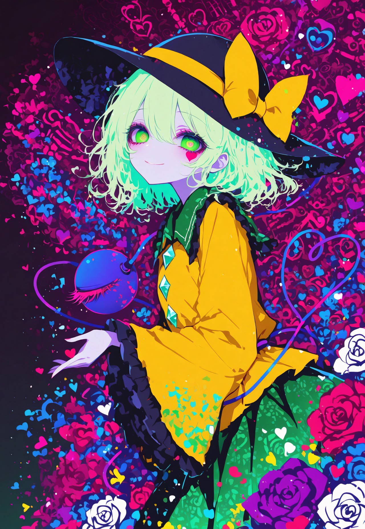 source_anime, high res image, masterpiece, perfect quality, best quality, absurdres, ultra detailed face, detailed eyes,
very awa,, HDR, 8k
1girl, 
komeiji koishi, 1girl, solo, third eye, eyeball, heart of string, green hair, green eyes,
yellow shirt, black hat, hat bow, hat ribbon, yellow bow, yellow ribbon,  frilled sleeves, frilled shirt collar,  green skirt, diamond button,
in a rose garden,
colorful rose, floating colorful rose, too much colorful rose, (DNA pattern in background:1.2),
holding a white rose, looking at viewer, kind smile,
raytracing, volumetric lighting, light particles, gradient color,
15546+456868, r17329_illu, xxx667_illu, sometyome_illu, glowing