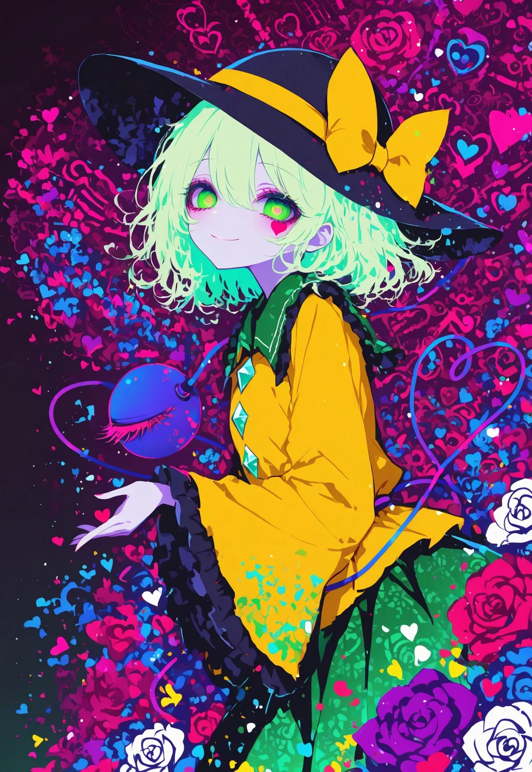 source_anime, high res image, masterpiece, perfect quality, best quality, absurdres, ultra detailed face, detailed eyes,
very awa,, HDR, 8k
1girl,
komeiji koishi, 1girl, solo, third eye, eyeball, heart of string, green hair, green eyes,
yellow shirt, black hat, hat bow, hat ribbon, yellow bow, yellow ribbon, frilled sleeves, frilled shirt collar, green skirt, diamond button,
in a rose garden,
colorful rose, floating colorful rose, too much colorful rose, (DNA pattern in background:1.2),
holding a white rose, looking at viewer, kind smile,
raytracing, volumetric lighting, light particles, gradient color,
15546+456868, r17329_illu, xxx667_illu, sometyome_illu, glowing