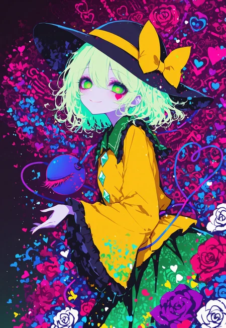 source_anime, high res image, masterpiece, perfect quality, best quality, absurdres, ultra detailed face, detailed eyes,
very awa,, HDR, 8k
1girl, 
komeiji koishi, 1girl, solo, third eye, eyeball, heart of string, green hair, green eyes,
yellow shirt, black hat, hat bow, hat ribbon, yellow bow, yellow ribbon,  frilled sleeves, frilled shirt collar,  green skirt, diamond button,
in a rose garden,
colorful rose, floating colorful rose, too much colorful rose, (DNA pattern in background:1.2),
holding a white rose, looking at viewer, kind smile,
raytracing, volumetric lighting, light particles, gradient color,
15546+456868, r17329_illu, xxx667_illu, sometyome_illu, glowing
