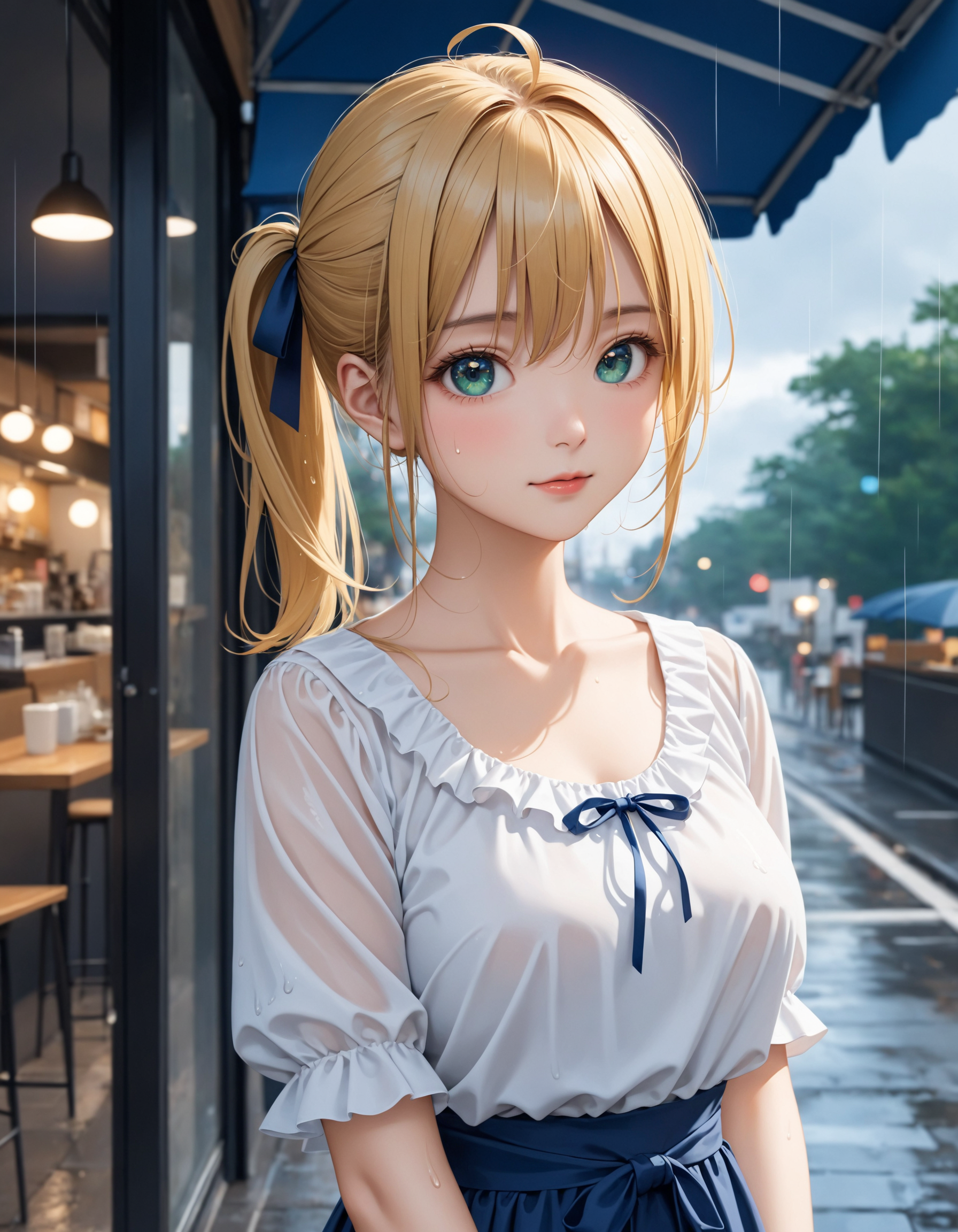 SceneOverview: A girl taking shelter from the rain.
SceneDescription:
  - Composition: Upper body shot. Cinematic angle.
  - Subject: A cute girl.
    - Characteristics:
      - Face: (Cute round face:1.2).
      - Eyes: Detailed green eyes.
      - Hair: Medium hair, (side ponytail:1.05), blonde hair, ahoge and hair between eyes.
      - Body: Detailed slender body. Large breasts.
      - Clothing: White blouse with ribbon tie, long flutter sleeves, layered ruffled long skirt and ribbon waist.
        - Elements: (Wet overflow). (Wet hair). (Wet body). (Wet clothes).
      - Expression: Embarrassed expression. Red cheek.
      - Posing: Contrapposto. Head tilt. Looking at viewer.
  - Background: Fashionable cafe street.
Time: Daytime.
Weather: Rain.
Condition: Rainy day.
Lighting: (Blue hour light:1.4).
ArtStyle: Photorealistic.
Quality: Intricate details. Extremely detailed. Outstanding intricacies. (Masterpiece:1.2). (Best quality:1.2). (Absurdres absolutely resolution:1.4).
Mood: Serene atmosphere.