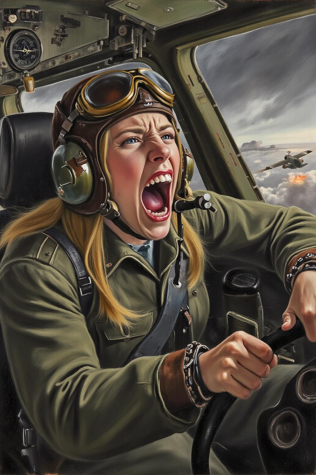 lauritsandersenring1 painting. 
A female pilot screaming inside the cockpit of a World War II bomber. The pilot, wearing a vintage leather flight helmet with goggles and a bomber jacket, grips the controls with white-knuckled hands. Her face is contorted in a mix of fear and determination as she yells, her eyes wide with adrenaline. The cockpit is cramped and filled with old-fashioned dials and gauges, with the outside view showing dark stormy clouds and distant anti-aircraft fire  <lora:lauritsandersenring1_cap_d8a4e13:1.0><lora:857007987355596534:0>