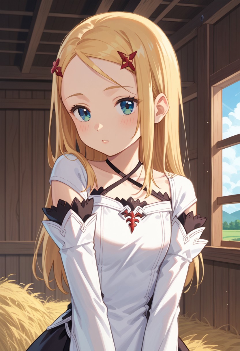 score_8, score_8_up, score_7_up, source_anime, anime screenshot BREAK 1girl, female focus, solo, Murno_SCS, blonde hair, long hair, hair ornament, forehead, halterneck, white dress, detached sleeves, layered sleeves, long sleeves, black skirt, upper body, indoors, farm,