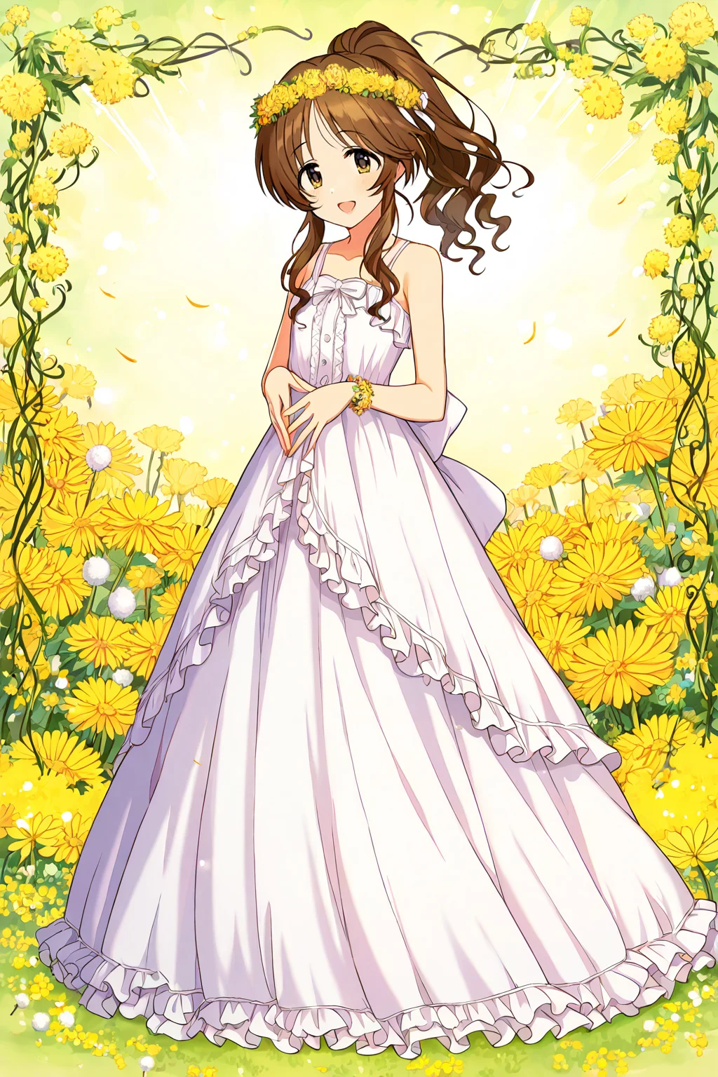 masterpiece,best quality,very aesthetic,absurdres,highres,newest,official art,official style,
1girl,solo,
takamori aiko,brown eyes,brown hair,long hair,sidelocks,
back bow,bangs,bare shoulders,blue ribbon,bow,bracelet,collarbone,dress flower bracelet,frilled dress,frills,hands together,head wreath,lips,long dress,parted bangs,ponytail,ribbon,sidelocks,sleeveless,sleeveless dress,wavy hair,white bow,white dress,
<lora:eye_focus:1>,eye_focus,
flower,dandelion,
jewelry,
smile,standing,full body,open mouth,looking at viewer,
<lora:idolmaster_takamori_aiko_ill_v1.0:1>,