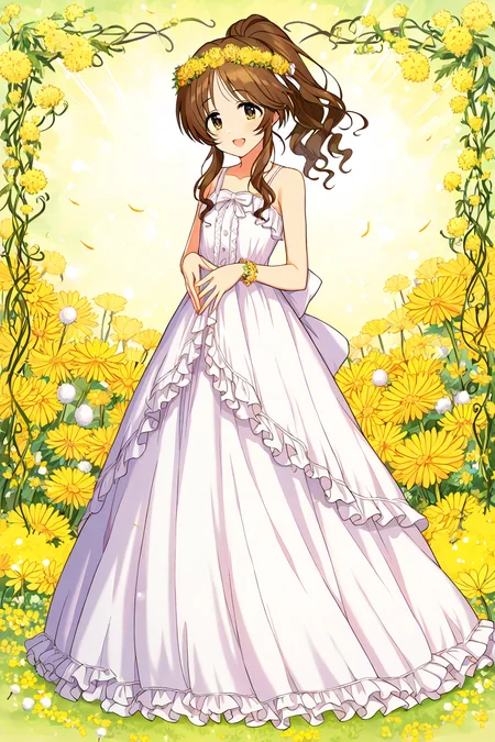 masterpiece,best quality,very aesthetic,absurdres,highres,newest,official art,official style,
1girl,solo,
takamori aiko,brown eyes,brown hair,long hair,sidelocks,
back bow,bangs,bare shoulders,blue ribbon,bow,bracelet,collarbone,dress flower bracelet,frilled dress,frills,hands together,head wreath,lips,long dress,parted bangs,ponytail,ribbon,sidelocks,sleeveless,sleeveless dress,wavy hair,white bow,white dress,
<lora:eye_focus:1>,eye_focus,
flower,dandelion,
jewelry,
smile,standing,full body,open mouth,looking at viewer,
<lora:idolmaster_takamori_aiko_ill_v1.0:1>,