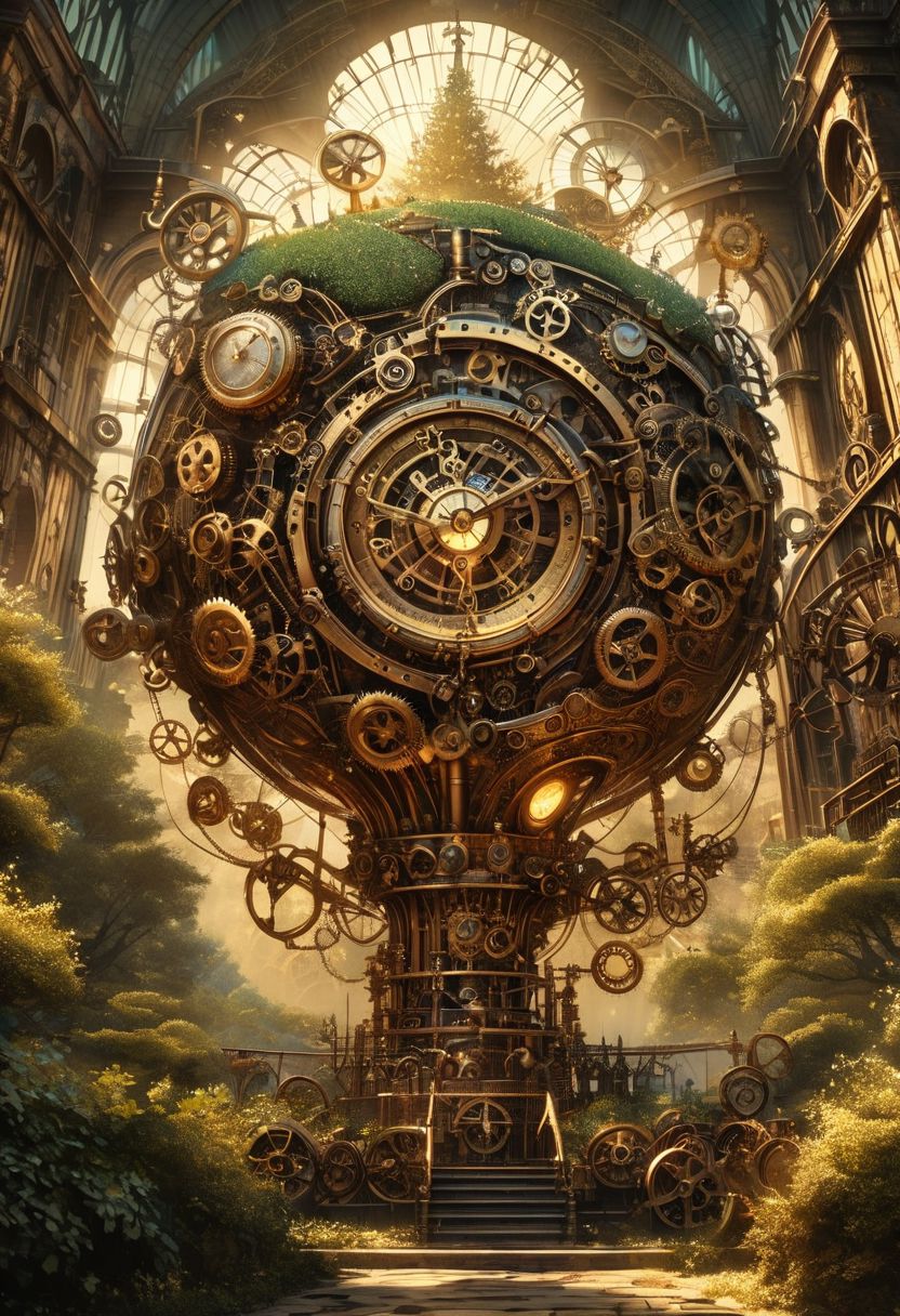 (best quality, 8k, high res, masterpiece:1.2), photorealistic, ultra-detailed, vibrant photography of a picturesque steampunk inspired tree orchard at sunset. 
Illustrate a whimsical scene set in a steampunk-inspired tree orchard, where nature intertwines with mechanical marvels. Envision towering, brass-trimmed trees adorned with gears and pulleys, their branches laden with glowing, steam-powered fruits or sparkling mechanical flowers. Amidst the orchard, imagine antique machinery whirring softly, tending to the trees with precision. Capture the contrast between organic forms and intricate, clockwork mechanisms, set against a backdrop of hazy steam and golden sunlight filtering through gears and cogs. Bring to life this fusion of natural beauty and industrial ingenuity in your artistic interpretation of a steampunk tree orchard.
(dynamic angle, cinematic lighting, ethereal atmosphere:1.1), (extremely detailed:1.2), (vivid colors:1.3), (perfect composition:1.2), (sharp focus, stunning realism:1.2)