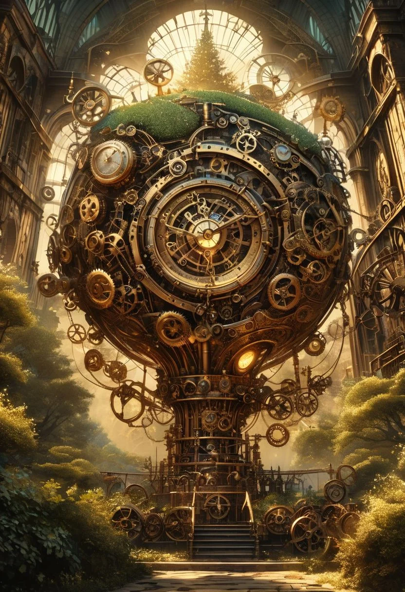 (best quality, 8k, high res, masterpiece:1.2), photorealistic, ultra-detailed, vibrant photography of a picturesque steampunk inspired tree orchard at sunset.
Illustrate a whimsical scene set in a steampunk-inspired tree orchard, where nature intertwines with mechanical marvels. Envision towering, brass-trimmed trees adorned with gears and pulleys, their branches laden with glowing, steam-powered fruits or sparkling mechanical flowers. Amidst the orchard, imagine antique machinery whirring softly, tending to the trees with precision. Capture the contrast between organic forms and intricate, clockwork mechanisms, set against a backdrop of hazy steam and golden sunlight filtering through gears and cogs. Bring to life this fusion of natural beauty and industrial ingenuity in your artistic interpretation of a steampunk tree orchard.
(dynamic angle, cinematic lighting, ethereal atmosphere:1.1), (extremely detailed:1.2), (vivid colors:1.3), (perfect composition:1.2), (sharp focus, stunning realism:1.2)