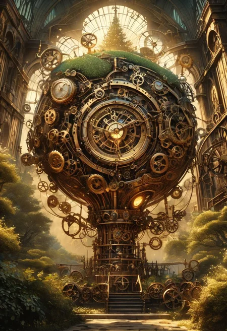 (best quality, 8k, high res, masterpiece:1.2), photorealistic, ultra-detailed, vibrant photography of a picturesque steampunk inspired tree orchard at sunset.
Illustrate a whimsical scene set in a steampunk-inspired tree orchard, where nature intertwines with mechanical marvels. Envision towering, brass-trimmed trees adorned with gears and pulleys, their branches laden with glowing, steam-powered fruits or sparkling mechanical flowers. Amidst the orchard, imagine antique machinery whirring softly, tending to the trees with precision. Capture the contrast between organic forms and intricate, clockwork mechanisms, set against a backdrop of hazy steam and golden sunlight filtering through gears and cogs. Bring to life this fusion of natural beauty and industrial ingenuity in your artistic interpretation of a steampunk tree orchard.
(dynamic angle, cinematic lighting, ethereal atmosphere:1.1), (extremely detailed:1.2), (vivid colors:1.3), (perfect composition:1.2), (sharp focus, stunning realism:1.2)
