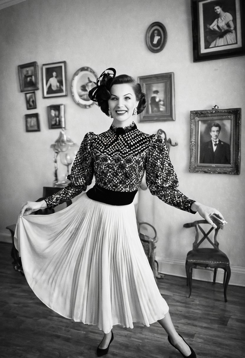 Graceful woman in a stunning vintage outfit, dancing elegantly with poise, retro black and white theme, capturing timeless elegance, focus on the woman as she moves gracefully, with a collection of cherished couple photos displayed in the background, viewed from a bird's-eye perspective, adding depth and a unique angle, enhancing the nostalgic and romantic ambiance.
