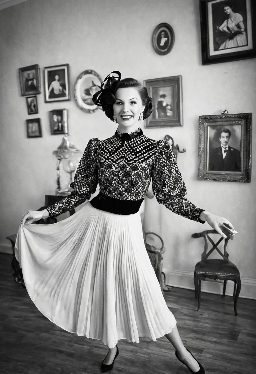 Graceful woman in a stunning vintage outfit, dancing elegantly with poise, retro black and white theme, capturing timeless elegance, focus on the woman as she moves gracefully, with a collection of cherished couple photos displayed in the background, viewed from a bird's-eye perspective, adding depth and a unique angle, enhancing the nostalgic and romantic ambiance.