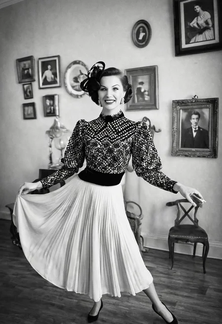 Graceful woman in a stunning vintage outfit, dancing elegantly with poise, retro black and white theme, capturing timeless elegance, focus on the woman as she moves gracefully, with a collection of cherished couple photos displayed in the background, viewed from a bird's-eye perspective, adding depth and a unique angle, enhancing the nostalgic and romantic ambiance.