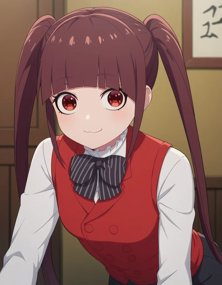 score_9, score_8_up, score_7_up, source_anime, <lora:kuromaid-viola-s3-ponyxl-lora-nochekaiser:1>, viola, long hair, bangs, brown hair, red eyes, twintails, blunt bangs, small breasts,, shirt, long sleeves, bow, white shirt, striped, bowtie, vest, black bow, red vest, buttons,, indoors, bent over, smile, looking at viewer, solo,, cowboy shot, dutch angle