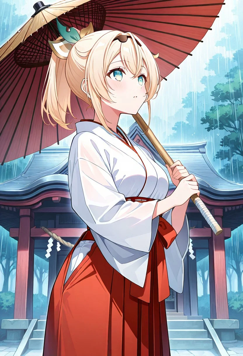 1girl, cowboy shot, 1girl, solo, kazama iroha, (Hololive), Vtuber, blonde hair, ponytail, hair ribbon, green eyes, medium breast,
Shrine Maiden, Miko, white shirt, red hakama,
easynegative, negative_hand, side view, holding umbrella, wood umbrella, looking up, raining.
official art, easynegative, dynamic image, masterpiece, amazing quality, HD32K, vibrant colours, HD32K, highly detailed, detailed background,