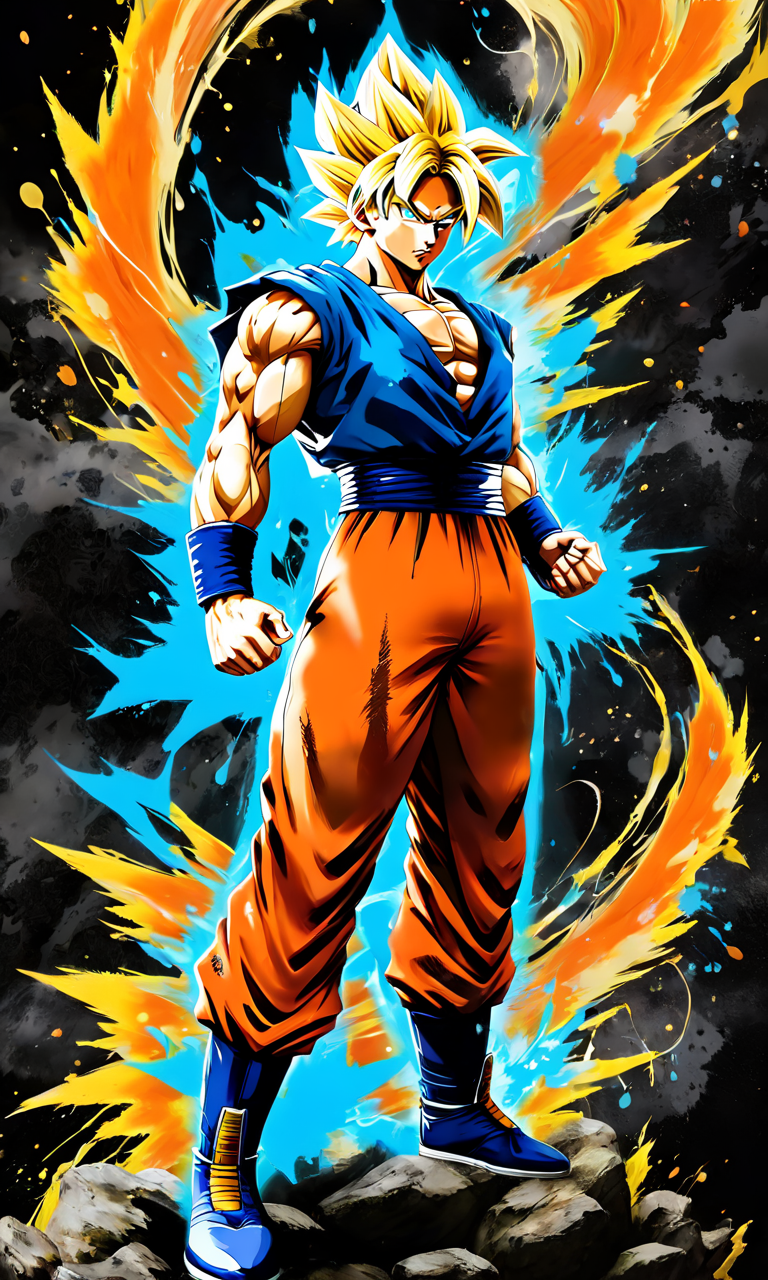goku standing, blonde hair, orange costume,  paintsplashsdxl, <lora:paintsplashsdxl:1>, vibrant color, best quality, masterpiece, powering up, super saiyan, electricity, blue and orange paint, dragon ball z