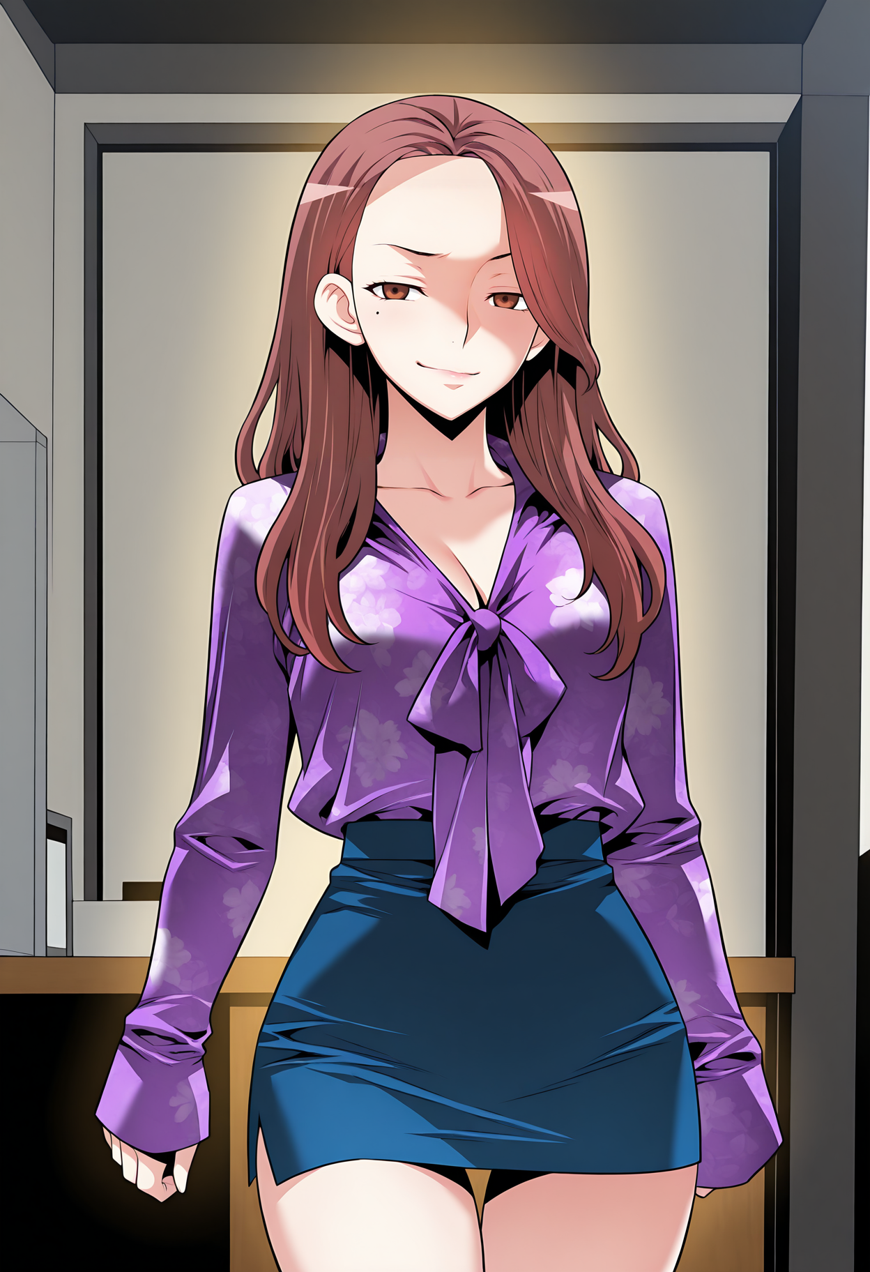 highres, best quality, masterpiece, indoors,
1girl, solo, lprmyjha, long hair, brown hair, brown eyes, mole,
purple ribbon, front-tie top, purple shirt, print shirt, sleeves past wrists, long sleeves, pencil skirt, tucked shirt, blue skirt,
smug, looking at viewer,
thigh gap, elbow rest, standing,
<lora:_yeon-ju_ha-love_parameter-elesico-ilxlA:1.1>