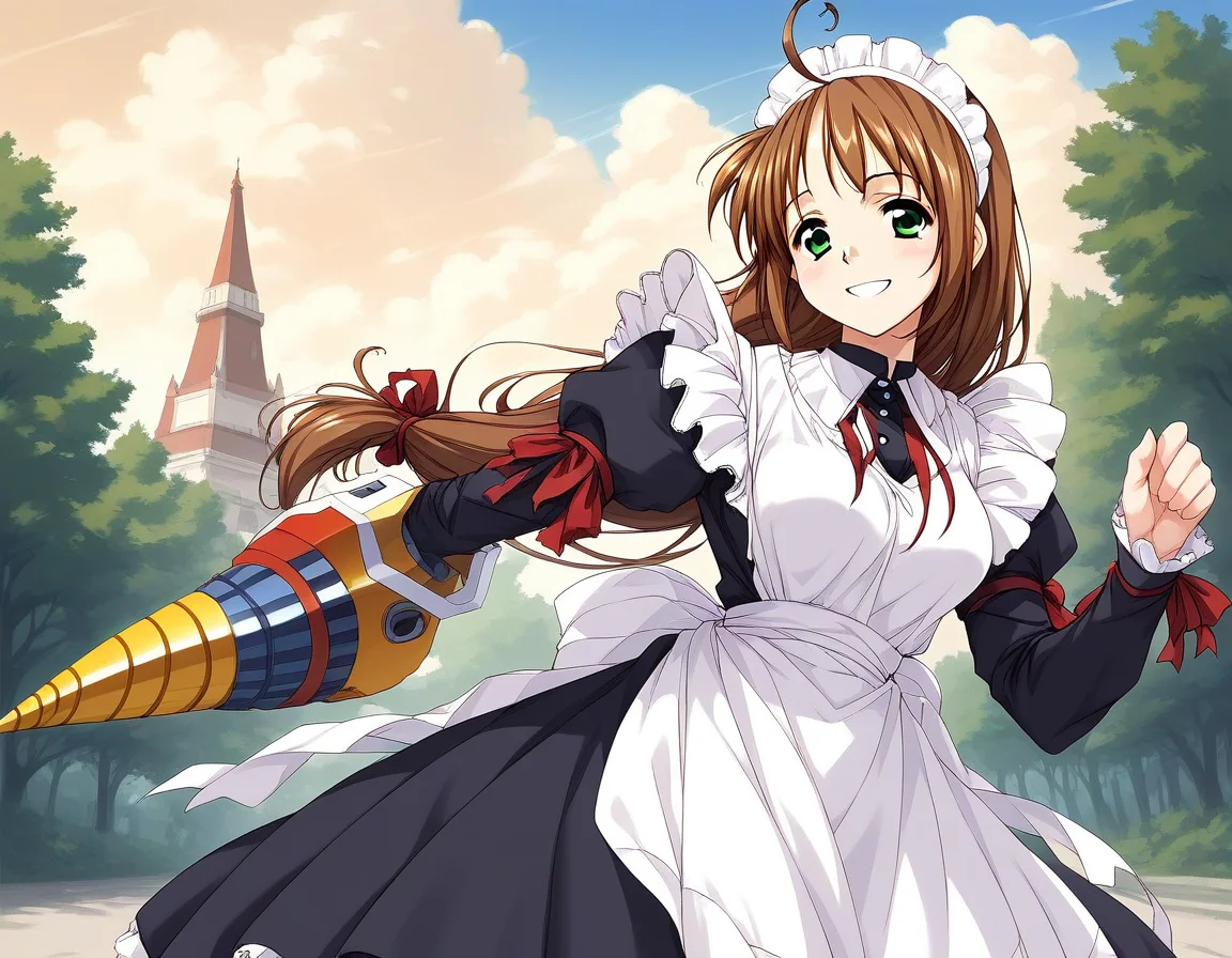 score_9, score_8_up, score_7_up, source_anime, rating_explicit, BREAK <lora:Spiral_Nami_Ver2.0_XL:1> Spiral_Nami_drill, brown hair, green eyes, maid headdress, ahoge, low-tied long hair, maid, medium breasts,
smile.
outdoor, sky,
