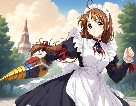 score_9, score_8_up, score_7_up, source_anime, rating_explicit, BREAK <lora:Spiral_Nami_Ver2.0_XL:1> Spiral_Nami_drill, brown hair, green eyes, maid headdress, ahoge, low-tied long hair, maid, medium breasts,
smile.
outdoor, sky,
