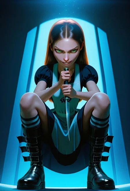 best quality, ultra detailed, high resolution, incredibly absurdres, extremely aesthetic, high resolution, realistic, masterpiece, Al1ceL1ddell, 1girl, solo, small breasts, petite, dress, apron, long hair, brown hair, green eyes, striped socks, belt boots, crouching down, holding a knife, staring at viewer, evil grin, dark room, night time, low angle, realistic sunlight and shadows, light particles, dramatic shadows, chiaroscuro, cinematic lighting, volumetric lighting, global illumination, subsurface scattering and reflections, refraction,