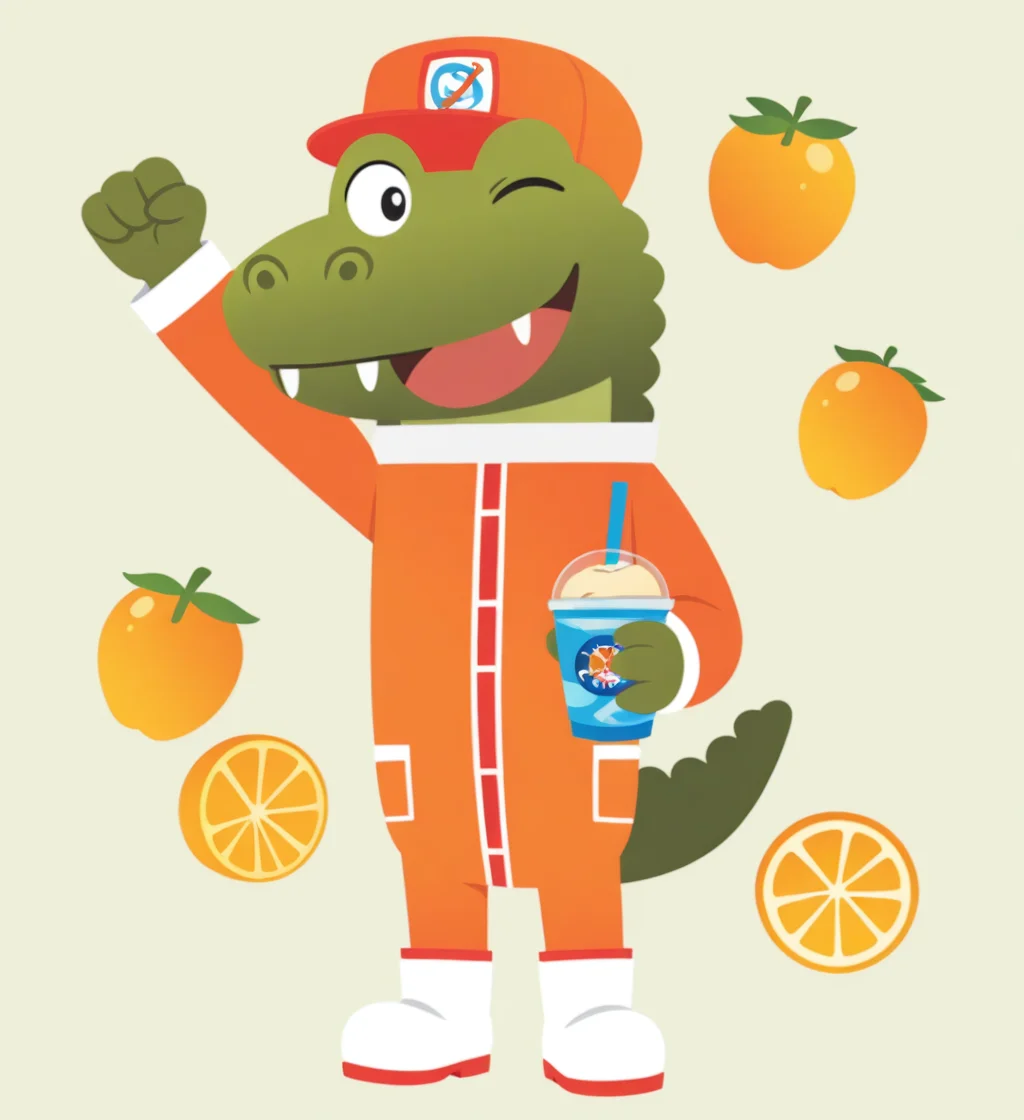 high resolution, best quality, 4k, solo, male, sfw, raised fist, holding smoothie with a straw in it, open mouth, open smile, wink, (fruit background), <lora:Jet_-_Astroblast_IL:0.9> abjetab, scalie, alligator, green skin, big snout, lineless, orange hat, orange jumpsuit, black eyes, fangs, symbol on hat, 3 fingers, tail, white boots
