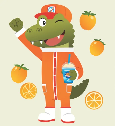high resolution, best quality, 4k, solo, male, sfw, raised fist, holding smoothie with a straw in it, open mouth, open smile, wink, (fruit background), <lora:Jet_-_Astroblast_IL:0.9> abjetab, scalie, alligator, green skin, big snout, lineless, orange hat, orange jumpsuit, black eyes, fangs, symbol on hat, 3 fingers, tail, white boots