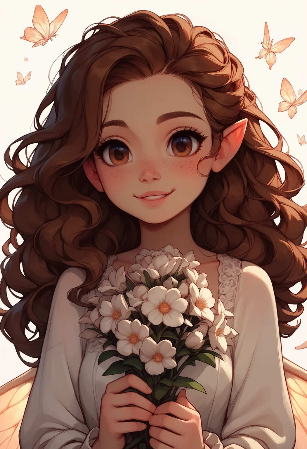 score_9, score_8_up, score_7_up, score_6_up,
1girl, cute fairy, light freckles, wings, white flowers, many white flowers in the background, simple background, delicate smile, long wavy brown hair, brown eyes, cute, holding flowers, looking at the viewer
 <lora:Expressive_H:0.8> <lora:incase-ilff-v3-4:0.75> <lora:g0th1c2XLP:0.6>  <lora:Cute_Anime_Style:0.3>