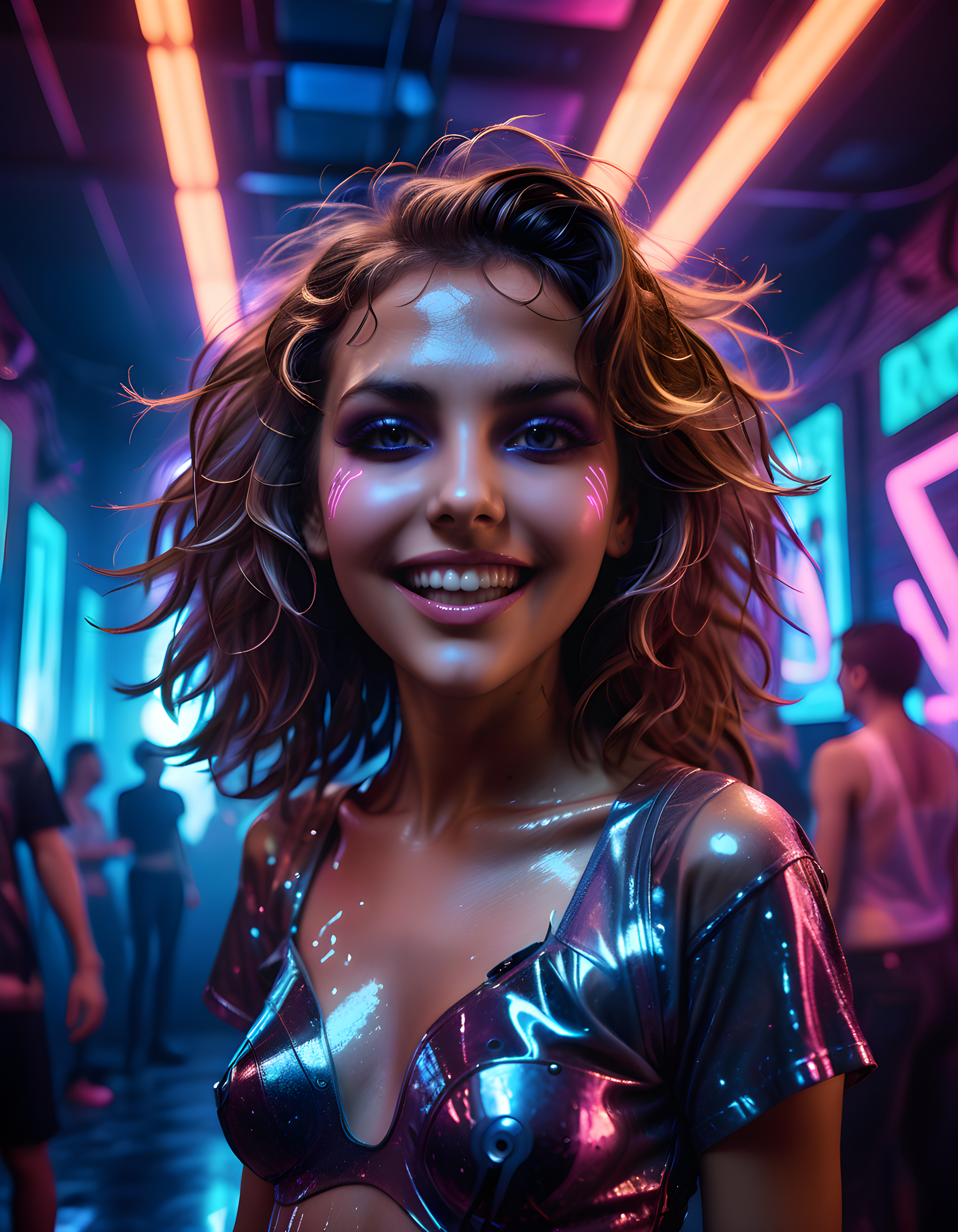 In a gritty, neon-lit underground dance club of the 90s, a close-up image captures N4DJ4L1Z4, a woman with expressive brown eyes and messy brown hair falling in loose curls around her face. Her lips are slightly parted to reveal a radiant smile, her teeth gleaming against the dimly lit backdrop. The camera is positioned at an angle from below, highlighting her piercing gaze and accentuating the dark smoky haze that envelops the dance floor. The blurry background pulsates with the rhythm of the music, as she stands center stage in a unique, futuristic outfit - a blend of neon colors and cybernetic elements that gleam under the strobe lights, her hands poised mid-movement, embodying a powerful and electrifying presence. The emotional tone is one of unbridled passion and raw energy, perfectly encapsulating the spirit of the rave scene in this captivating portrait.