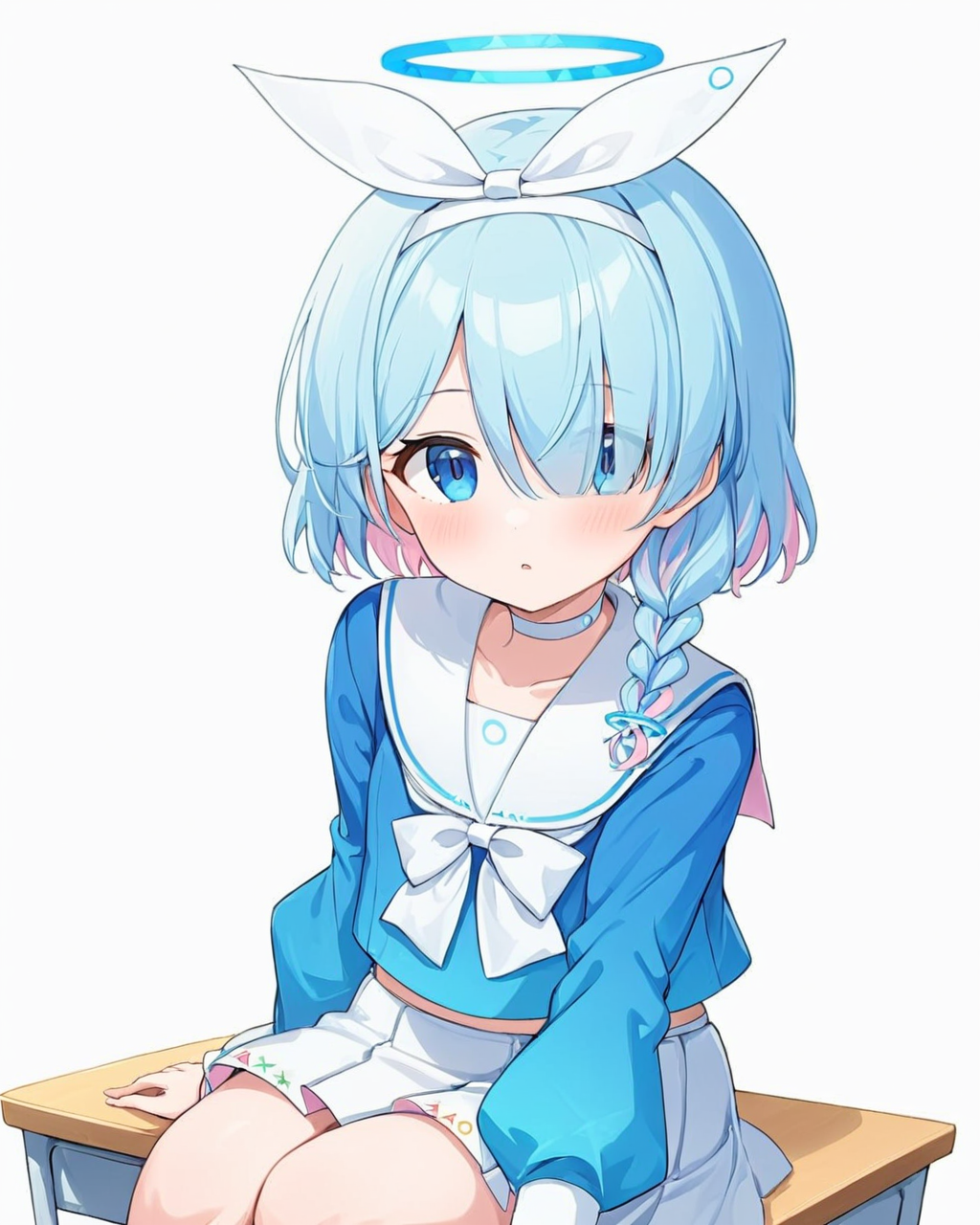 arona \(blue archive\),1girl, solo, white_skirt, halo, white_choker, hair_over_one_eye, looking_at_viewer, white_sailor_collar, blue_shirt, sitting, pleated_skirt, single_braid, blush, white_background, serafuku, white_hairband, school_desk, midriff_peek, simple_background, on_desk, parted_lips, hair_ribbon, thighs, puffy_long_sleeves, white_ribbon
<lora:arona_(blue_archive)_image5127_2023-12-02-000009:1>halo. gorgeous,key visual, vibrant, studio anime,award-winning, professional, highly detailed,high budget, cinemascope