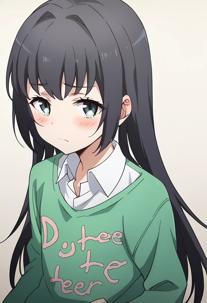 score_9, score_8_up, score_7_up, score_6_up, score_5_up, score_4_up, masterpiece, source_anime, 1girl, c-ruri, flat chest, black hair, long hair, blue eyes, green sweater, white collared shirt, puffy long sleeves, clothes writing, simple background, beige background, looking at viewer, blush, upper body, <lora:Rumi_Tsurumi_ver2_Pony_c:1>