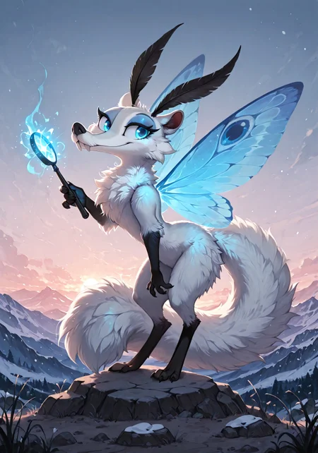masterpiece, (best quality:1.1), ultra-detailed, high resolution, solo, highly detailed macro illustration, sfw, bkomadori, aesthetic BREAK scratte, squirrel, hybrid, feral, saber-toothed, moth, black antennae, arthropod girl, monster girl, colored sclera, (magic insect wings:1.3), white fur, fur trim, (beautiful glowing blue eyes:1.3), bedroom eyes, (fluffy tail:1.2), adorable, (seductive expression, cute face:1.3), smirk, blue eyeshadow, long eyelashes, BREAK (holding magic ice wand:1.4), magic ice energy, magic effects, snowfall, frost BREAK outside, glade, cold spring, dynamic pose, rocky mountain, stormy sky, sharp focus, perfect lighting, anatomically correct, extremely detailed, tranquil setting, high detail, serene, detailed background