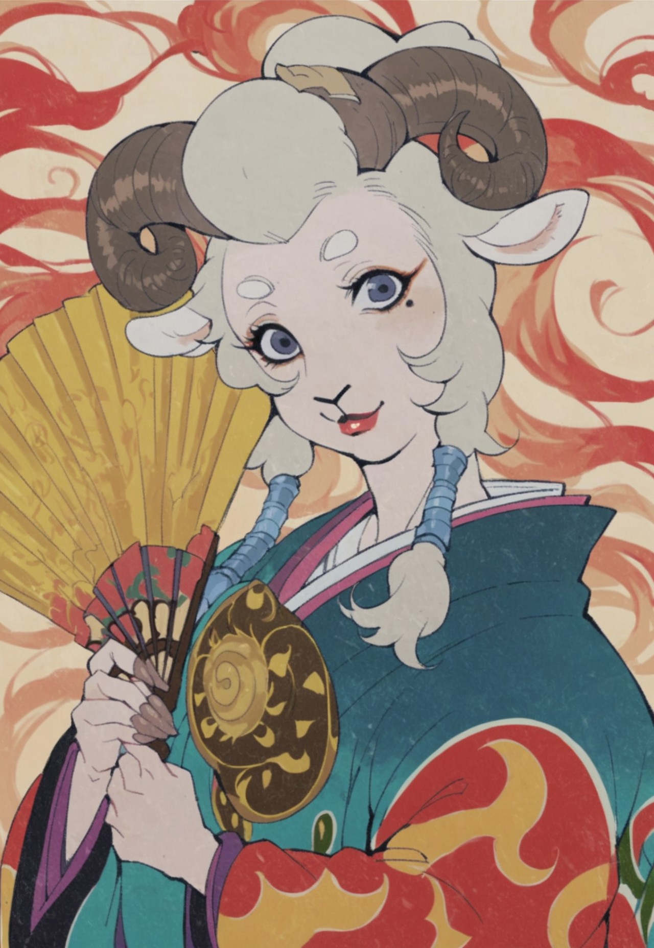score_9, score_8_up, score_7_up, mononoke, sheep, caprine, bovid, curled horn, furry, anthro, female, solo, japanese clothes, 1girl, hand fan, makeup, kimono, lipstick, mole, mole under eye, holding, folding fan, looking at viewer, smile