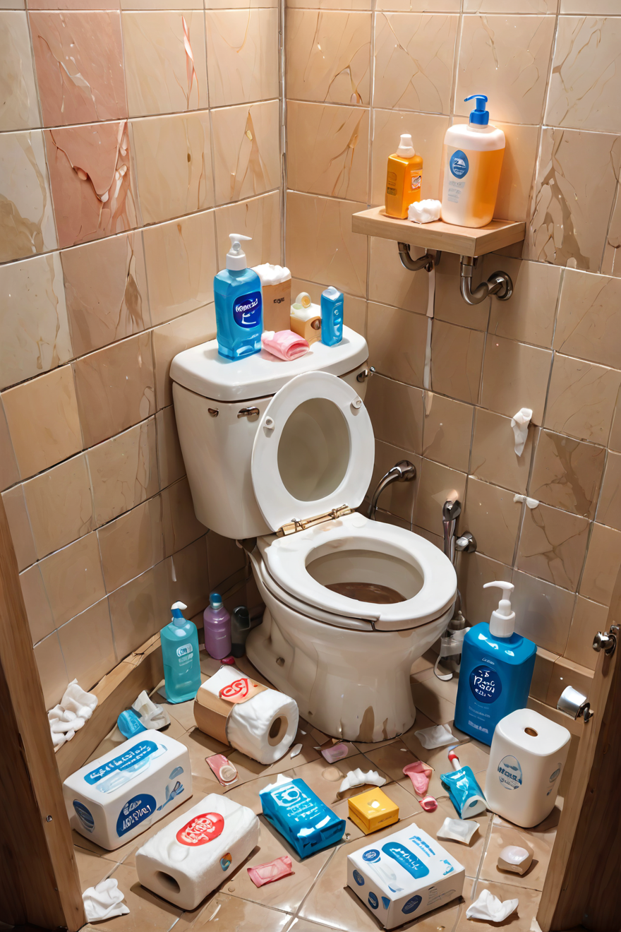 ( highly professional, dramatic lighting, extremely beautiful:1.4),masterpiece,high quality,highres,hyper detailed,(intricate details, masterpiece, best quality:1.4),(8k, RAW photo, highest quality),hyper realistic,intricate abstract,intricate artwork,abstract style,highly detailed,(intricate details),hdr,(intricate details, hyper detailed:1.2),cinematic shot,extremely high-resolution details,photographic,realism pushed to extreme,fine texture,incredibly lifelike,,,ruanyi0181,indoors,toilet,no humans,bottle,box,bucket,cardboard box,condom,condom wrapper,cum,cup,electrical outlet,faucet,lotion bottle,multiple condoms,shower head,soap,soap bottle,tile floor,tile wall,tiles,tissue,tissue box,toilet paper,toothbrush,towel,trash can,used condom,used tissue,water,<lora:WildcardX-XL-Detail-Enhancer:1>,<lora:0181 dirty toilet_xl_v2:1>