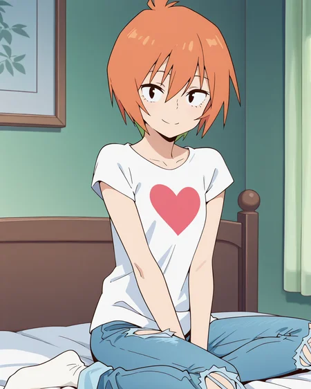 (masterpiece:1.4), (best quality:1.4),  very aesthetic,best quality, amazing quality, absurdres,
yasaku_rei, orange hair, 1girl, solo, short hair, , multicolored hair,
white shirt, jeans,roll up,short sleeve, ,denim pants, torn pants,  white socks,heart print t-shirt
 <lora:yasaku_rei:1>
indoor,room,sitting on bed,
looking at viewer,smile,