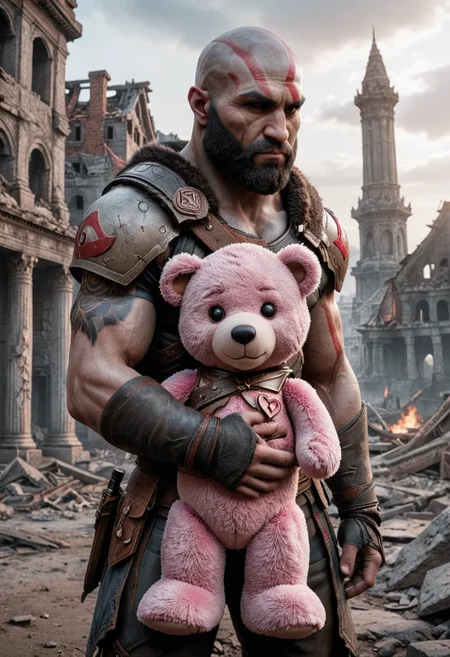 god of war,standing,hugging a pink teddy bear,against the backdrop of the (ruined city:1.1) unreal engine style of Artgerm finely detail,ultra-detailed,highres, <lora:RMSDXL_Enhance:2> <lora:RMSDXL_Darkness_Cinema:2>