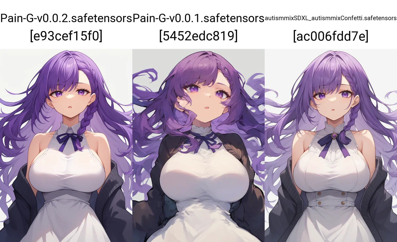 score_9, score_8_up,
1girl, solo,
long hair, purple hair, purple eyes, braid, large breasts, white dress, black cardigan, expressionless, open mouth,
white background,