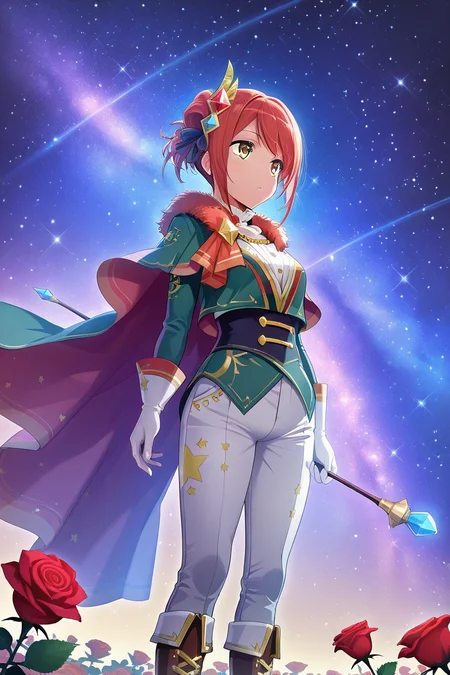 masterpiece, best quality, amazing quality,
 <lora:Misora_IL:1> misora, 1girl, solo, flower, cape, red flower, gloves, red hair, short hair, yellow eyes, white gloves, pants, hair ornament, star (sky), rose, boots