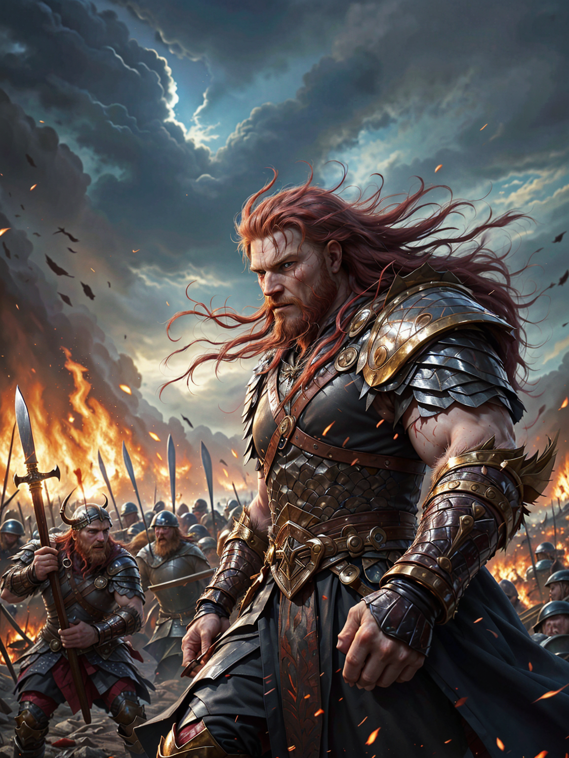 VALHERO, art, painting,score_9, score_8_up, score_7_up, Portrait, An intense and gripping scene of Erik the Red, the legendary Viking explorer and warrior, standing at the heart of a ferocious skirmish on a windswept coastal plain. Clad in battered leather armor reinforced with iron plates, Erik wields a massive, bloodstained axe with both hands, its blade glinting under the pale light of a stormy sky. His red hair and beard, streaked with sweat and grime, flare like fire against the darkened horizon as he roars a battle cry that echoes across the battlefield. <lora:Heroes_of_Valhalla_PONY:1.0>