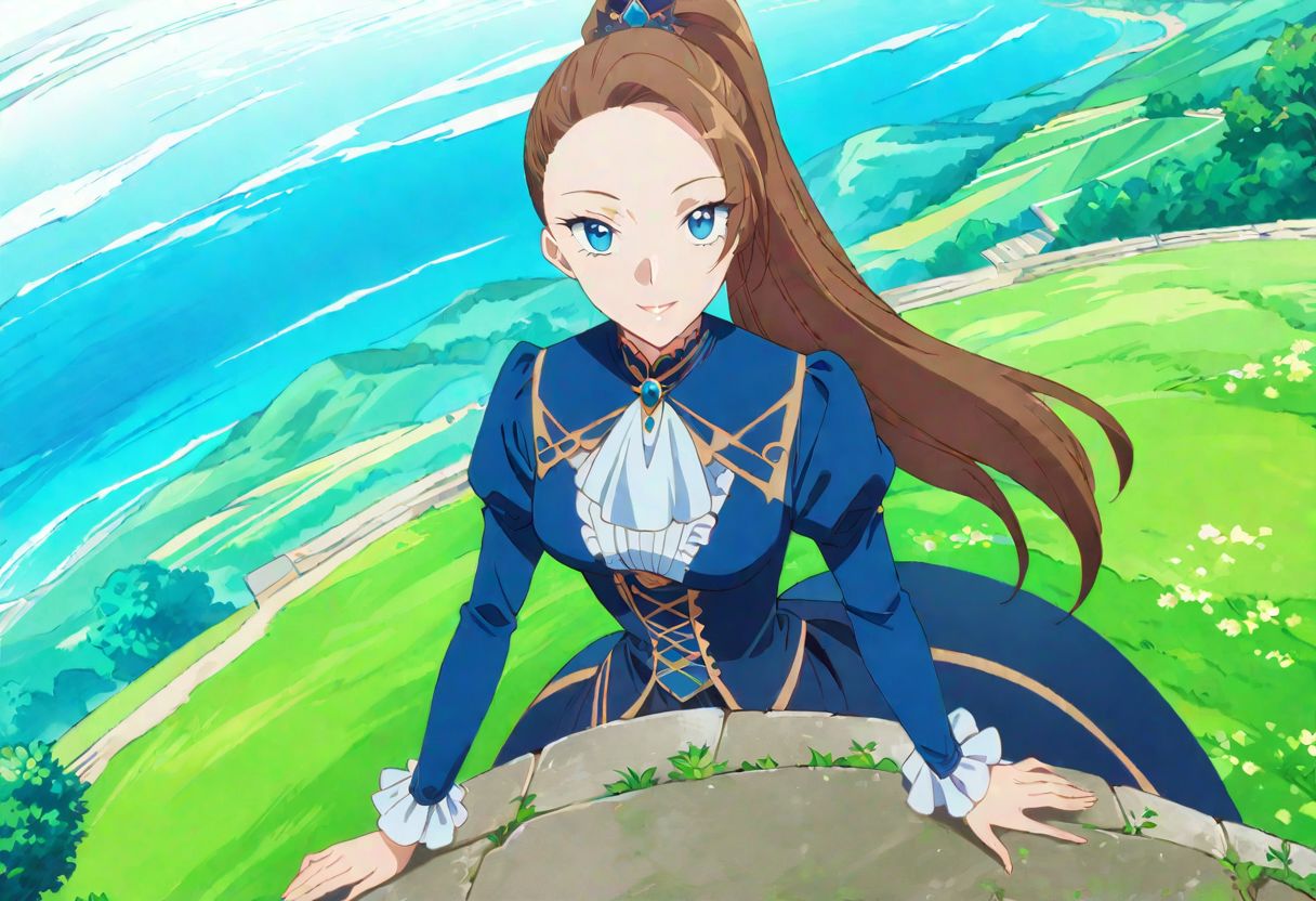masterpiece, best quality,  1girl, outdoors, looking at viewer, solo, highres, brown hair, long hair, ponytail, blue eyes,
(Katarina Claes, wear blue original Victorian dress :1.0), dynamic pose, at beautiful garden , seductive smile,  detailed eyes,  best quality,  full body shot, landscape , sitting on edge of white wall,
dynamic Camera angle, random Camera angle, 
score_9, score_8_up, score_7_up, rating_explicit, epiCPhoto, sharp avn award winning photo, ultrasharp, artistic photoshoot, masterpiece, best quality, detailed painting,