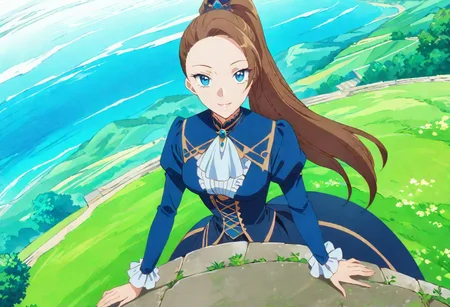 masterpiece, best quality, 1girl, outdoors, looking at viewer, solo, highres, brown hair, long hair, ponytail, blue eyes,
(Katarina Claes, wear blue original Victorian dress :1.0), dynamic pose, at beautiful garden , seductive smile, detailed eyes, best quality, full body shot, landscape , sitting on edge of white wall,
dynamic Camera angle, random Camera angle,
score_9, score_8_up, score_7_up, rating_explicit, epiCPhoto, sharp avn award winning photo, ultrasharp, artistic photoshoot, masterpiece, best quality, detailed painting,