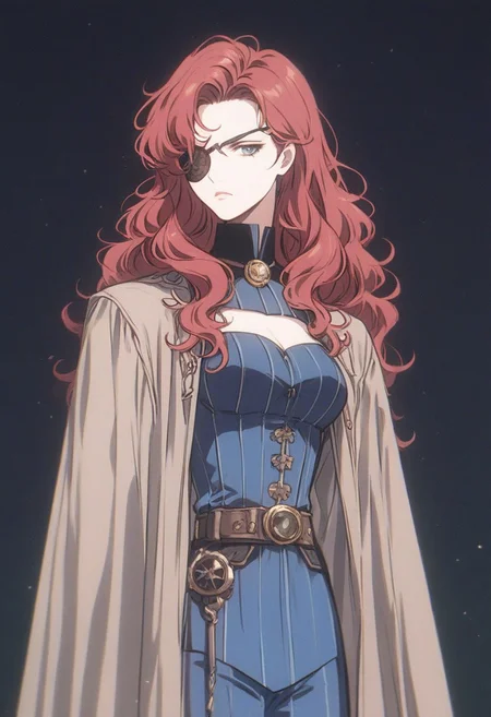 score_9, score_8_up, score_7_up, women, simple background, black background, human, official state dark blue clothing, long black coat, steampunk outfit, solo, standing up straight, serious face, a patch over his right eye, red hair, shoulder-length hair, pants, young, steampunk detective clothes, wavy hair