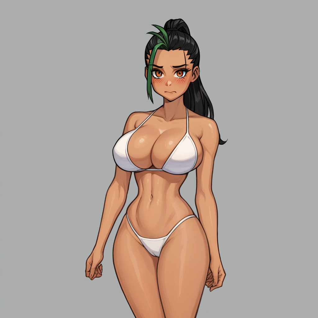 score_9, score_8_up, score_7_up, source_anime, expressive, anime, (4k4bur5tyl3:1.2), Artist speedlines, dynamic, 1girl, (nemona), streaked hair, ponytail, orange eyes, milf, aged up, curvy, fit, dark skin, (white bikini), large breasts, skinny, thick thighs, navel, standing, shy, blush, blushing, embarrassed, sensual, horny, longing, looking at viewer, source_hentai, simple background