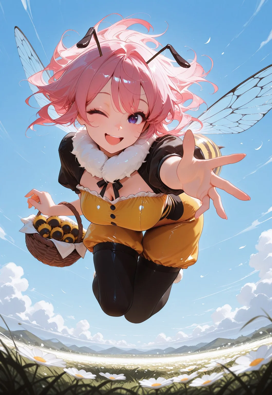 CivChan NEEDS YOUR BUZZ,
solo, (floating, midair), [bent over], reaching out to viewer, dangling legs, spring, outside, meadow, carrying basket,
(bee costume bee onesie), insect wings,
purple eyes, pink hair, curvy,
wind, happy, wink, red pupil,
(takashia \(akimototakashia\):0.5), (sam yang:0.5), (ciloranko:0.5), (moshimoshibe:0.5), 
masterpiece, newest, highres, absurdres, amazing quality, best quality, ultra-detailed