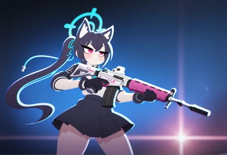 masterpiece,best quality,amazing quality, 1girl, solo, pochi_science, p0ch1, (serika \(blue archive\):0.8), gloves, cowboy shot, halo, bokeh, dynamic pose, assault rifle, behind cover, <lora:pochi_science-000061:0.8>