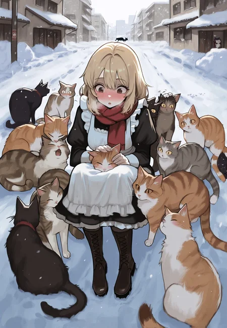 solo, ethereal, expressive eyes, 

murky, snow,  concrete buildings, panel buildings, cold, breath, 

cats, a lot of cats, surrounded by cats, petting cats, 

Raised brows, wide-eyes, surprised, 

1girl, body_blush, maid, brown eyes, blonde hair, black dress, red scarf, white apron, white frills, knee boots, 

masterpiece, best quality, very aesthetic, absurdres, newest