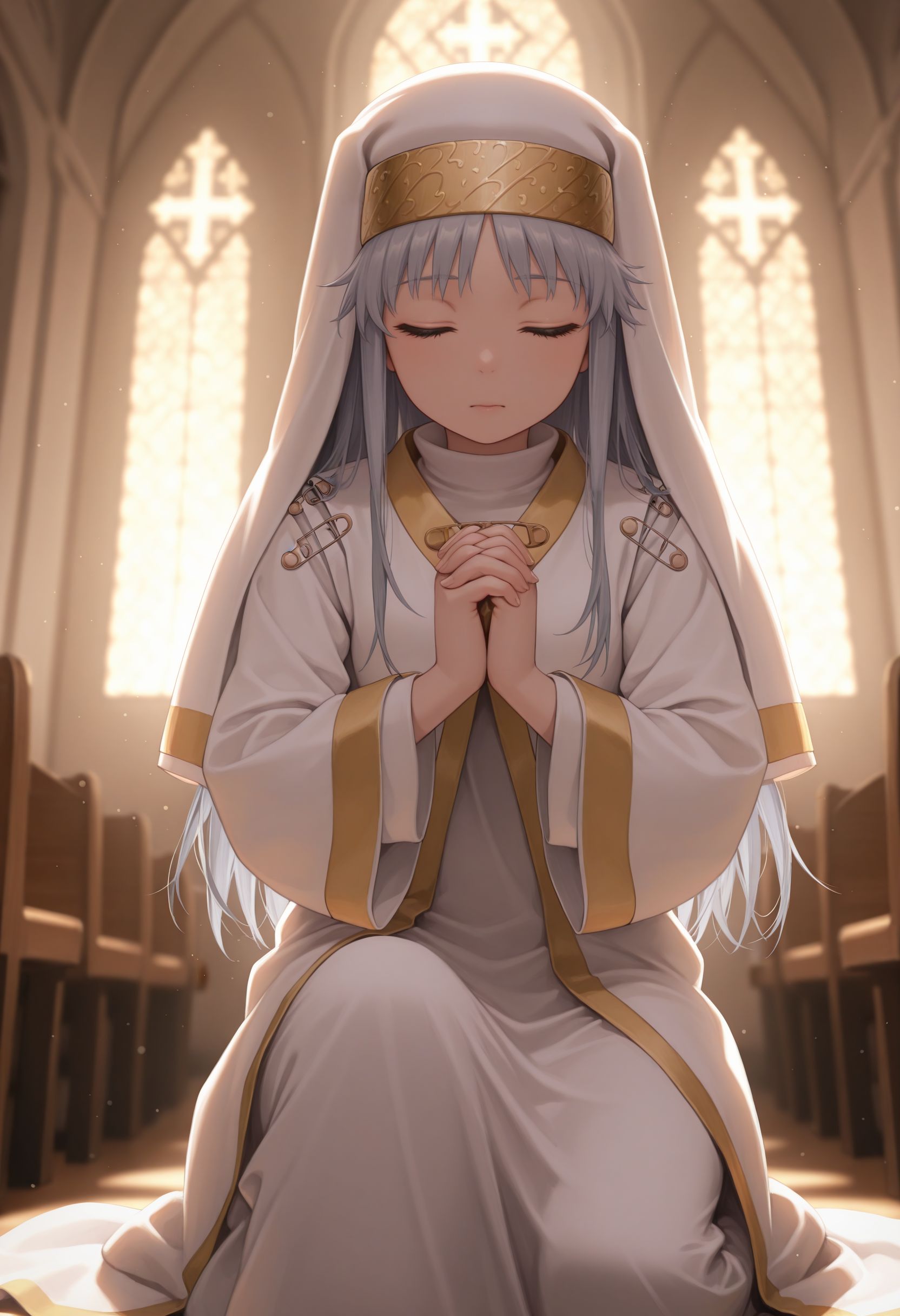 masterpiece,best quality,absurdres,highres,very aesthetic,high quality,detailed,insanely detailed,beautiful,perfect lighting, ,depth of field,blurry background,bokeh,
indoor, church, on knee, praying,  eyes closed,   <lora:Index illu:1> 1girl, green eyes, long hair, grey hair, robe,  safety pin, long sleeves, dress, nun, habit